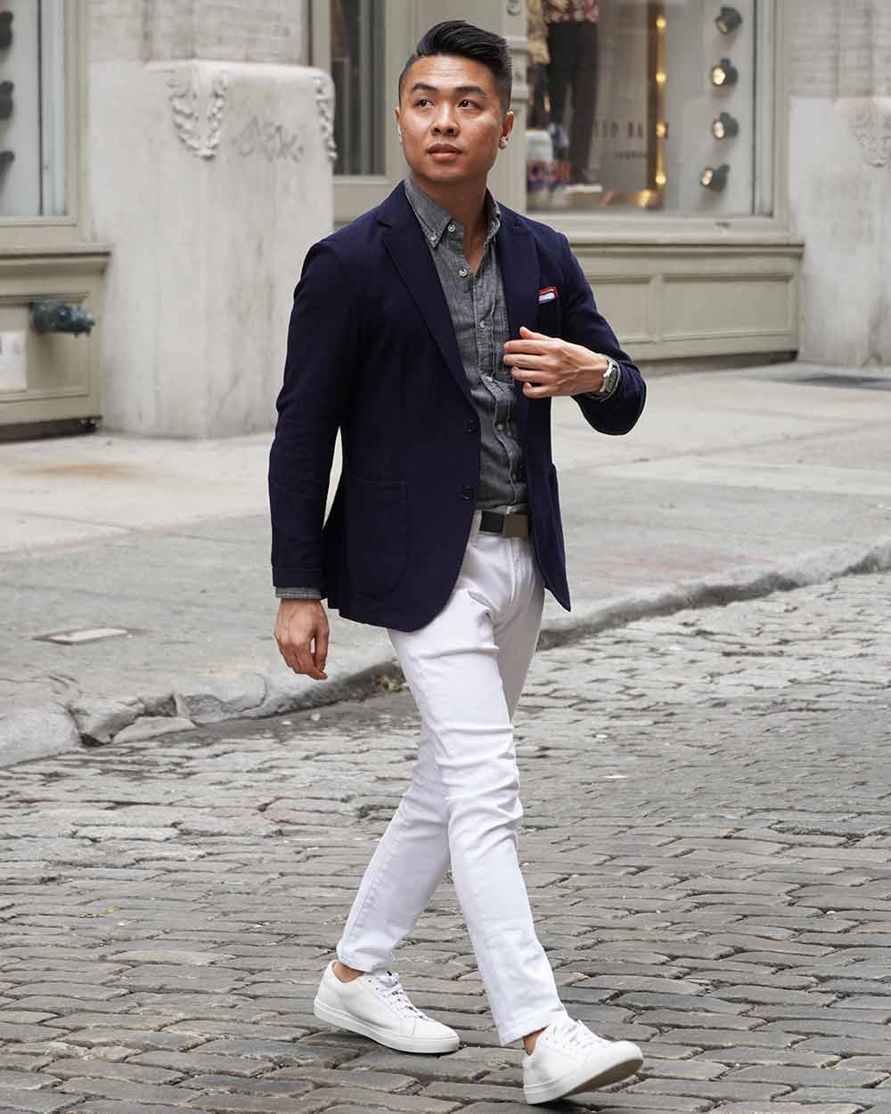 chambray navy knit jacket white jeans