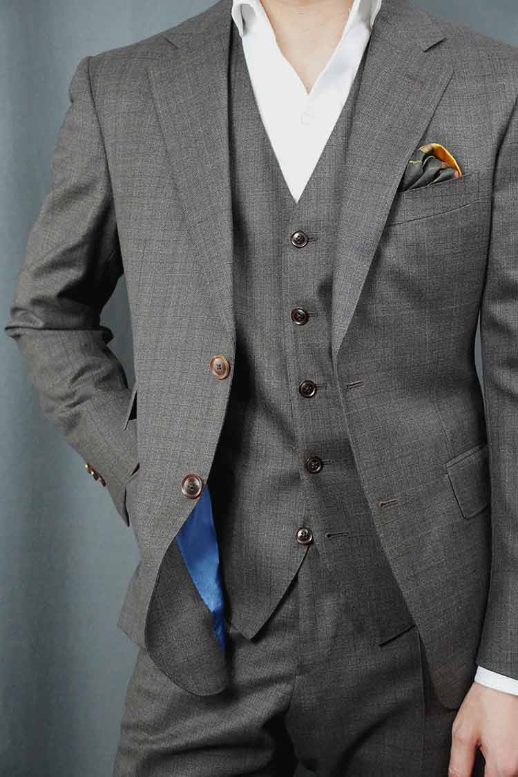 Charcoal Brown Check Suit Fit Waistcoat Detail