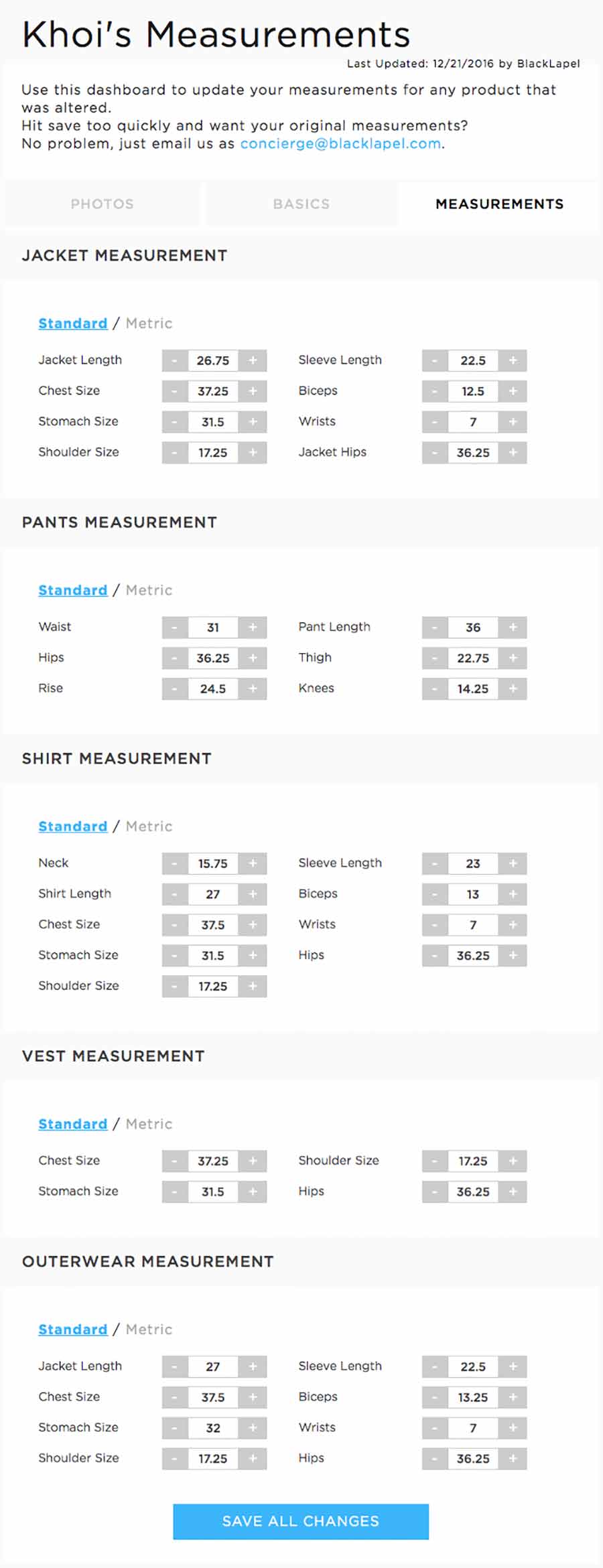 black lapel garment measurements