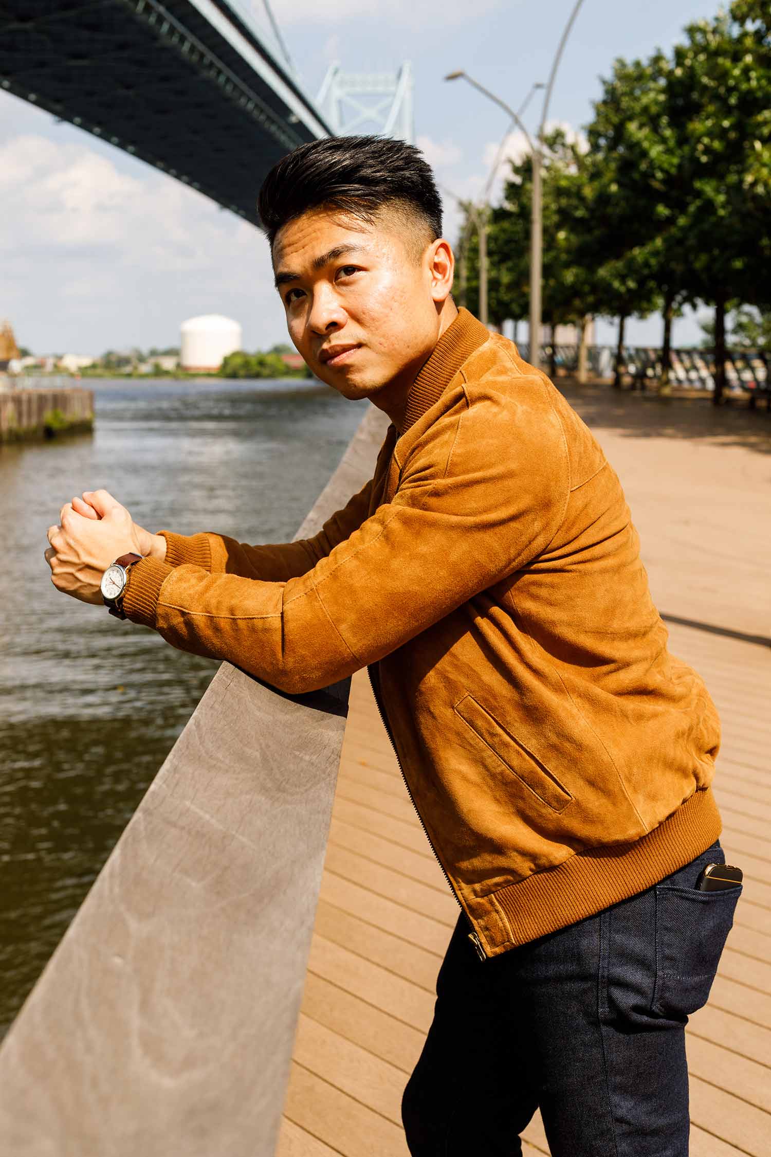 Tan Suede Bomber Jacket Outfit at Penns Landing