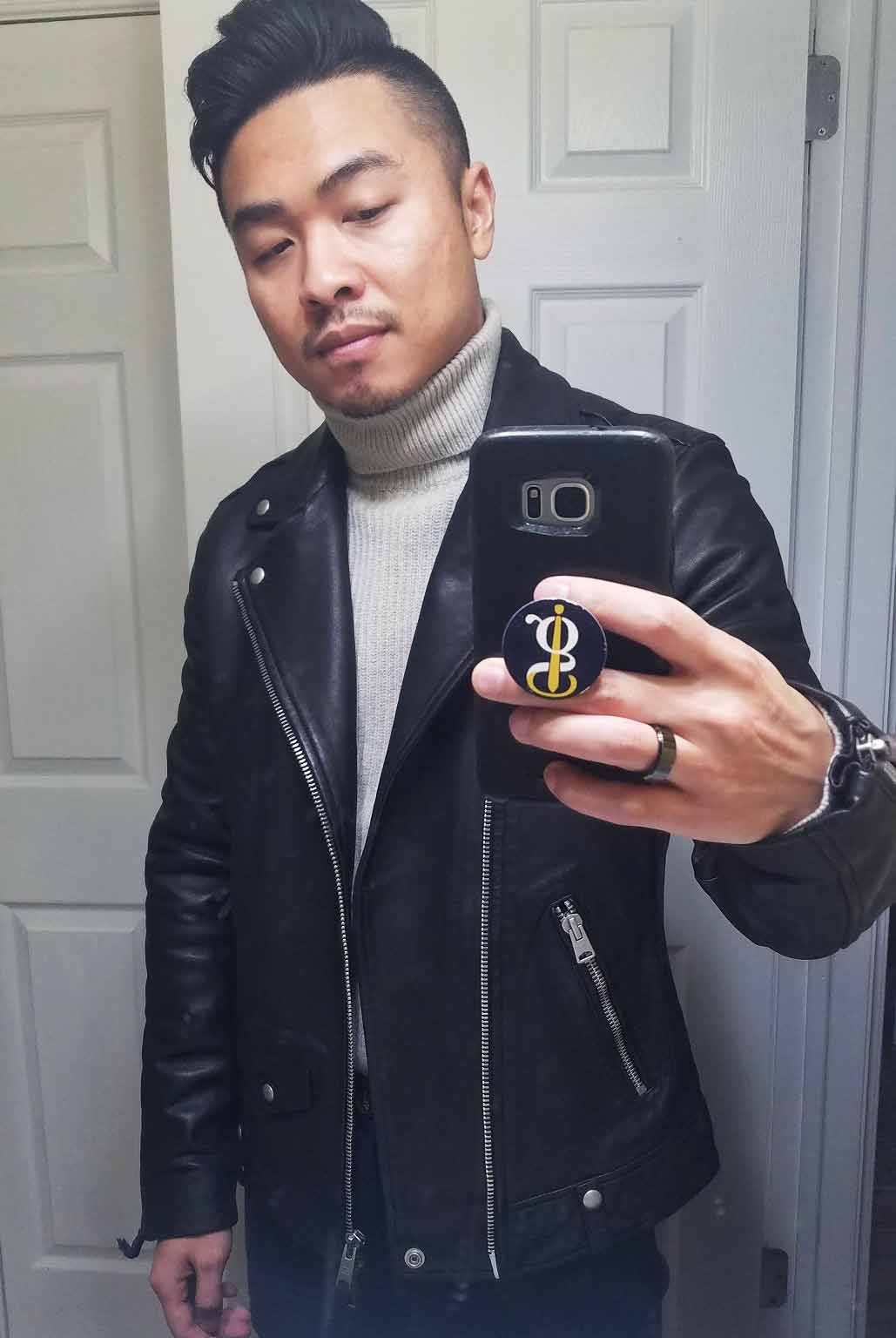 allsaints milo biker leather jacket selfie