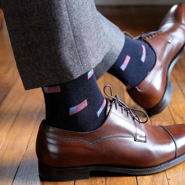 patriotic american flag socks and brown shoes