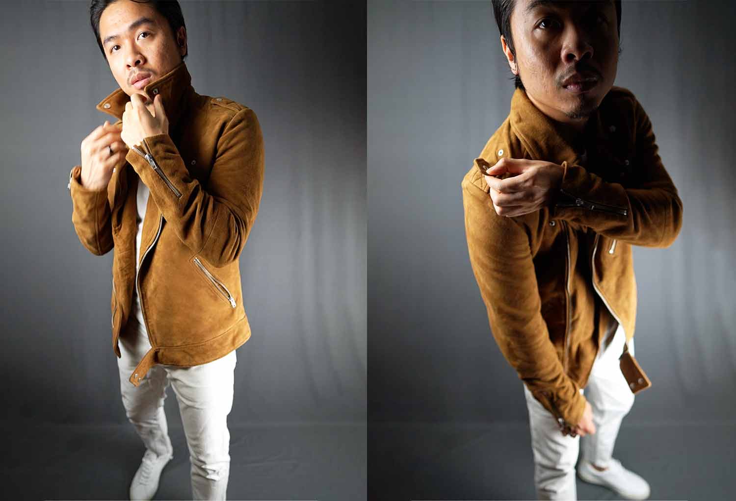 tan suede biker jacket how to style