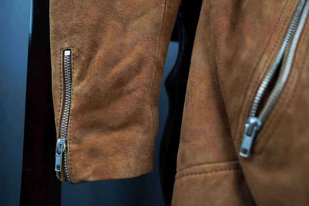 tan suede biker jacket zipper details
