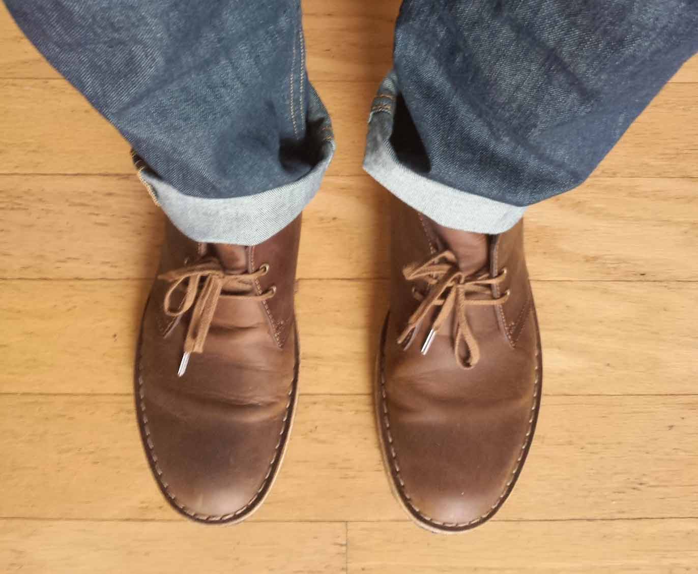 clarks desert boot jeans top down view