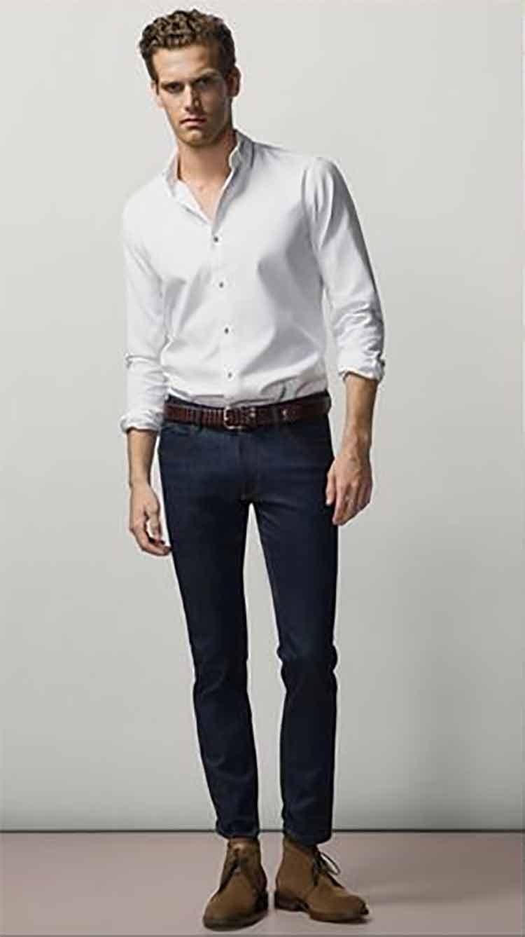chukka tucked in dress shirt belt jeans or chinos