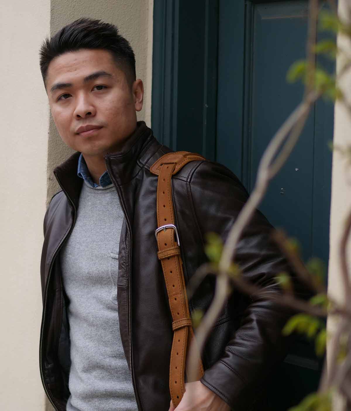 rocking the outerknown apollo sweater with leather jacket