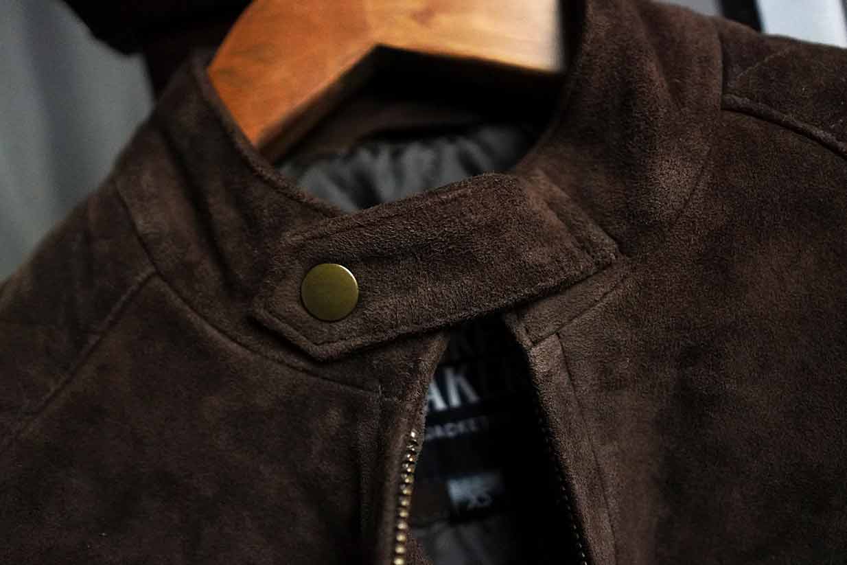 suede bomber band collar snap closure