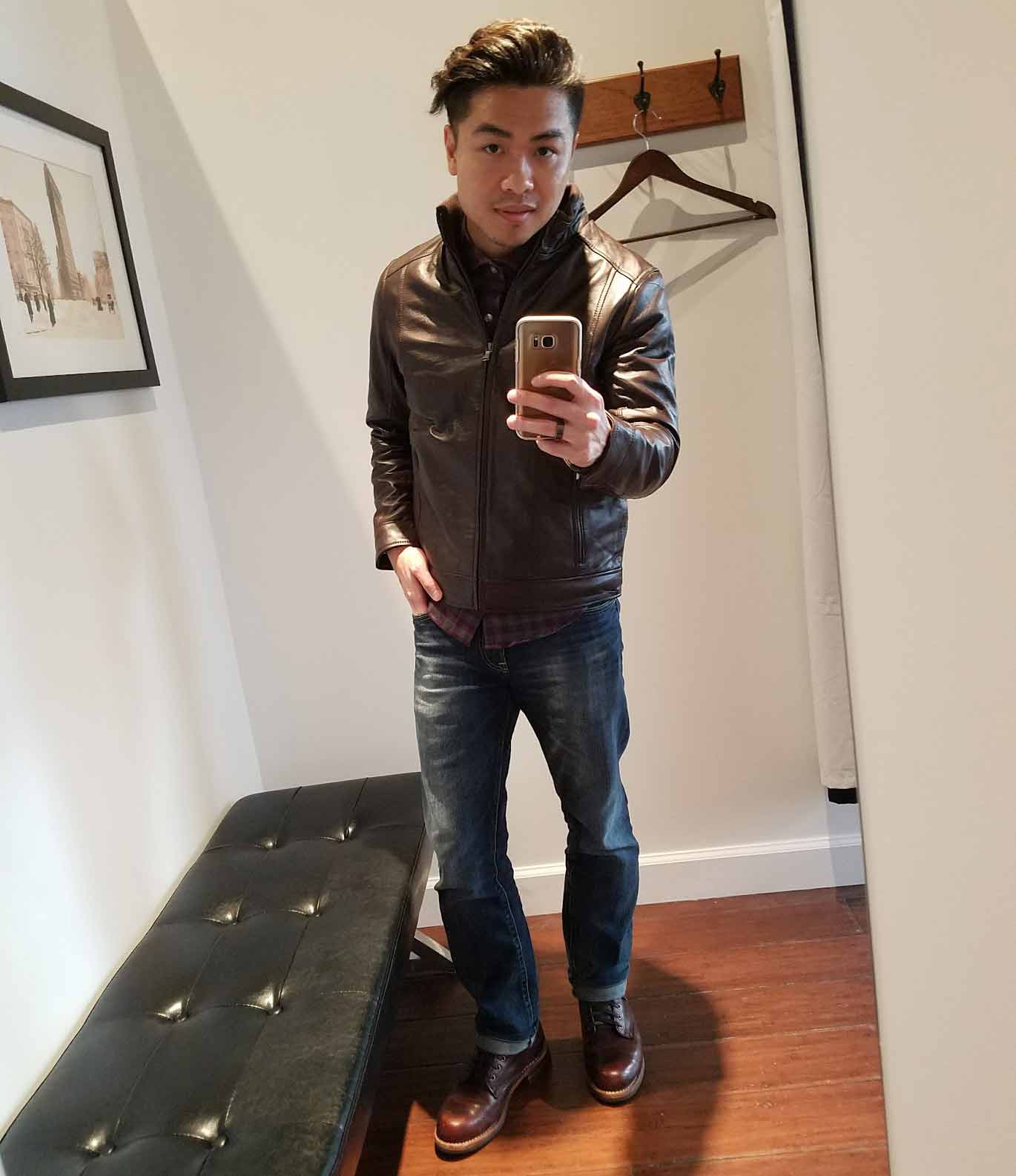 peter manning leather jacket first try on in fitting room