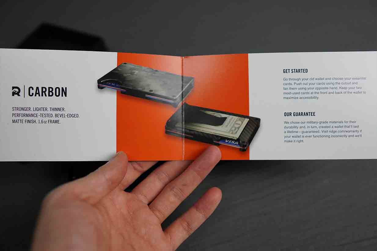 the ridge wallet packaging experience pamphlet
