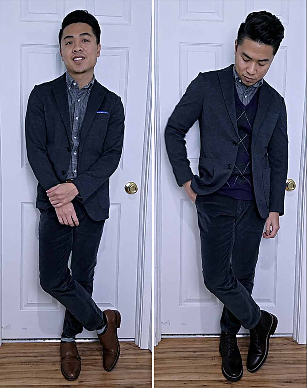 smart casual chambray shirt jeans blazer argyle sweater outfit