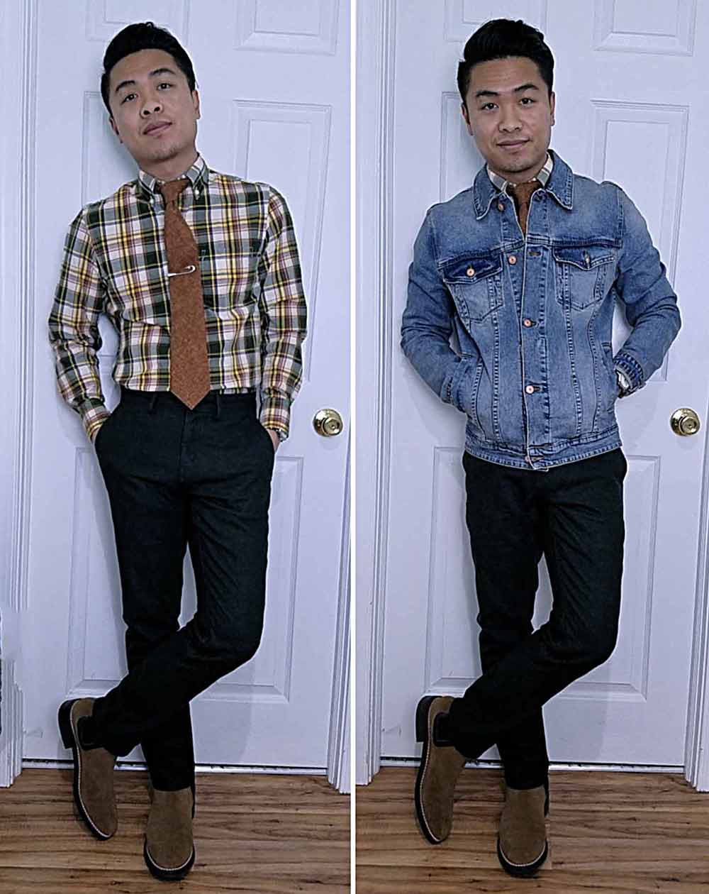 smart casual check pattern button down trousers tie dressed denim outfit