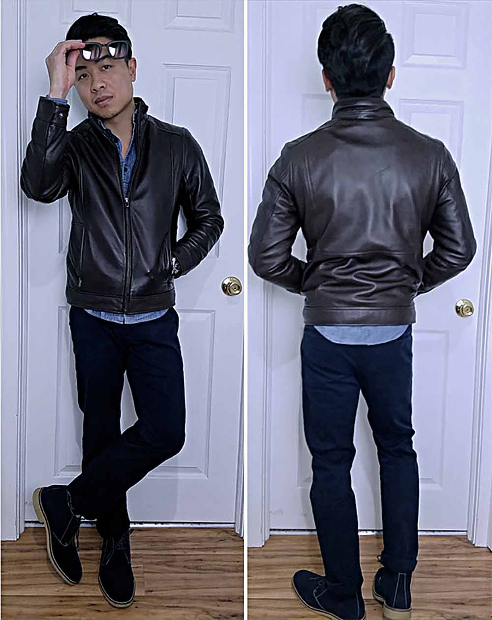 smart casual denim shirt leather jacket dark jeans boots sunglasses outfit