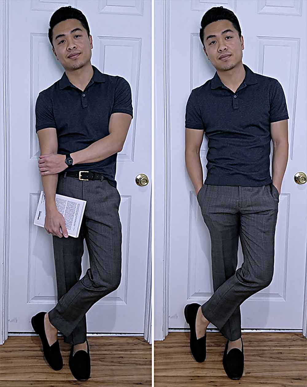smart casual dress pants polo suede belt loafers summer outfit