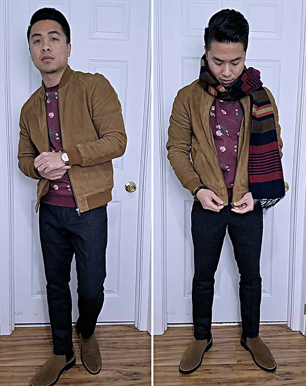 smart casual floral sweatshirt suede bomber jacket jeans chelseas outfit