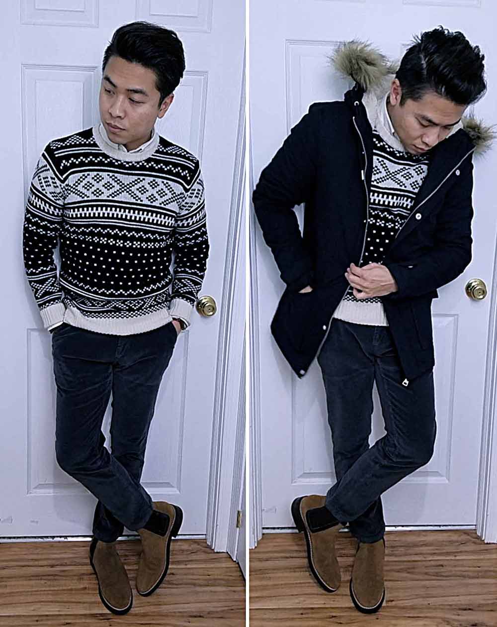 smart casual parka pattern sweater chelseas winter way outfit