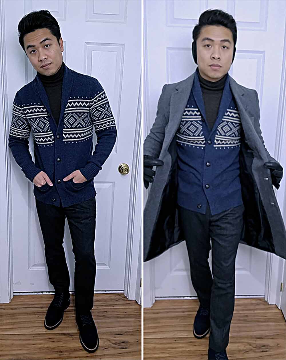 smart casual turtleneck cardigan topcoat wool trousers boots outfit