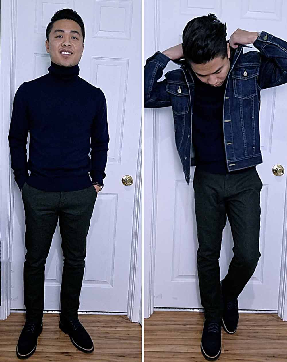 smart casual turtleneck denim jacket trousers fall staples outfit