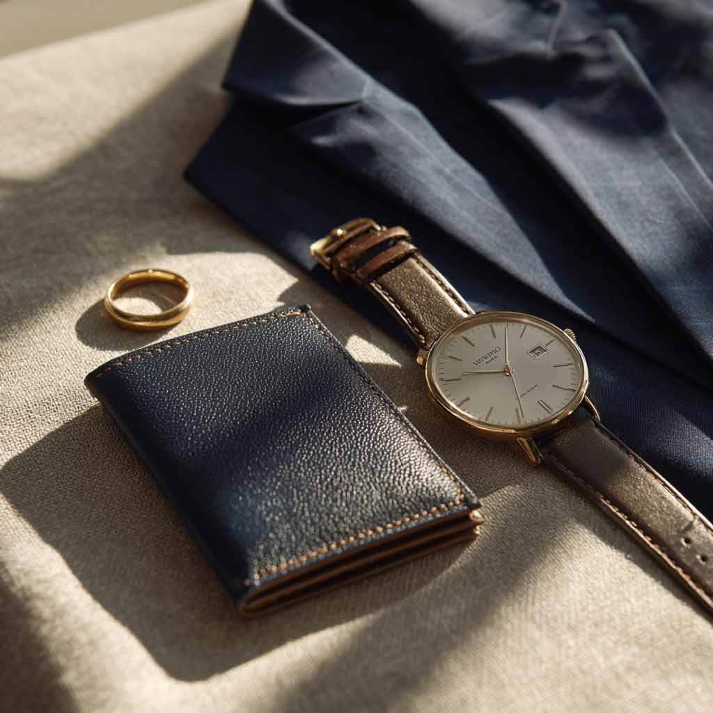 stealth wealth minimalist wallet navy blazer ring watch flatlay stealth wealth minimalist wallet navy blazer ring watch flatlay