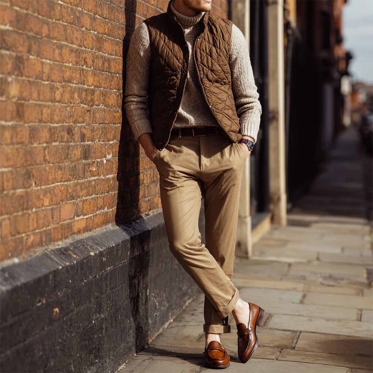 elevated layers knitwear loafers gilet chinos rollneck