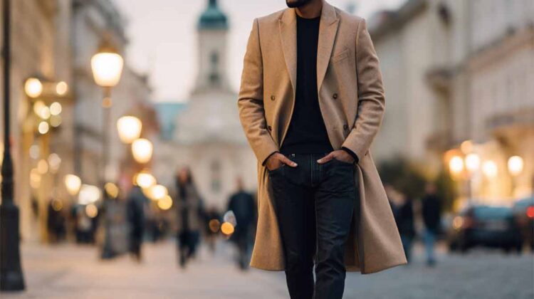 streamlined camel topcoat dark wash jeans black chelsea boots